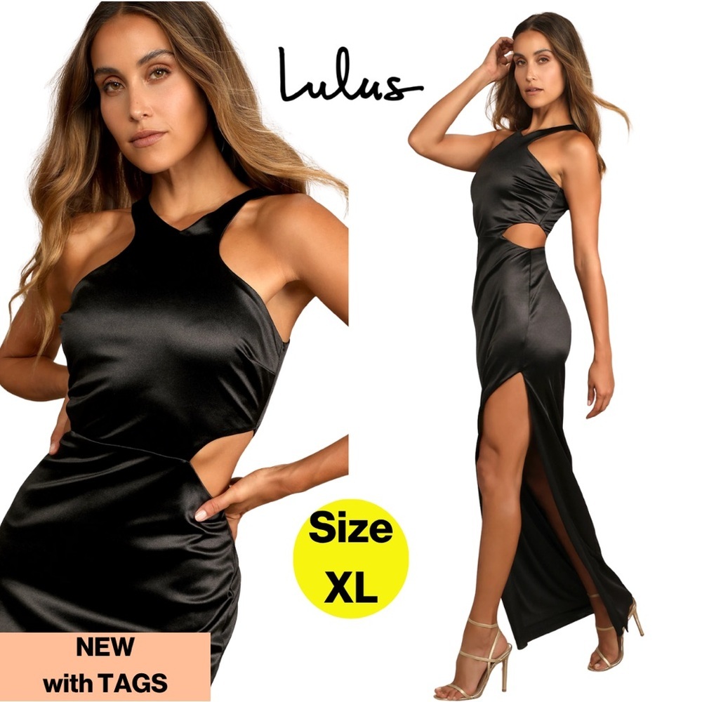 NEW w TAGS 🏷️ LULUS Elegant Black Satin Floor-Length Dress 🖤 (Size XL)